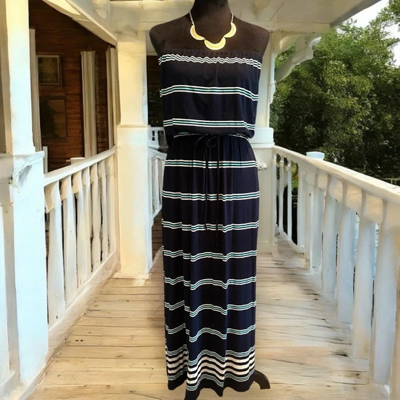 J. Crew Navy White & Aqua Striped Maxi Dress pockets size small - Picture 1 of 7